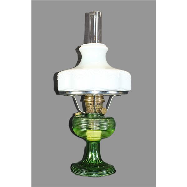 Antique Aladdin Green Glass Oil Lamp With White Shade