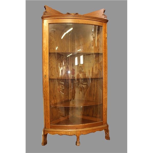 Nice Oak Corner Curved Glass Display Cabinet- Original Shelves- Backsplash- Key- 67" X 31"- Good Con