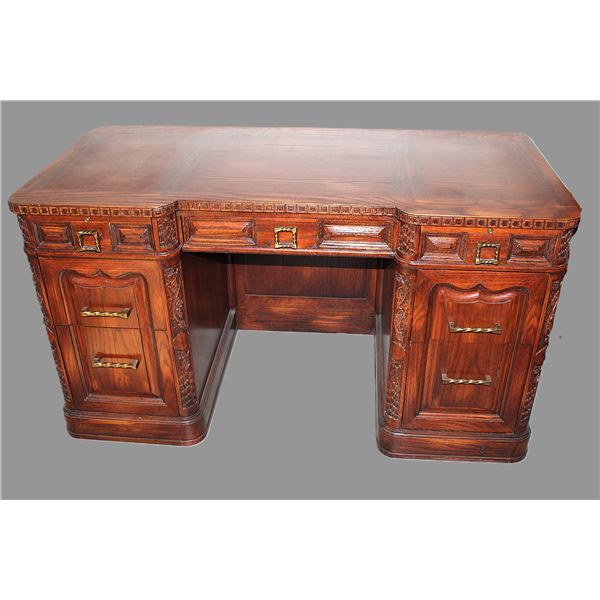 Carved Oak Kneehole Desk- Maker Ron Weber- Original Hardware- Great Condition- 29.5" X 54" X 26"