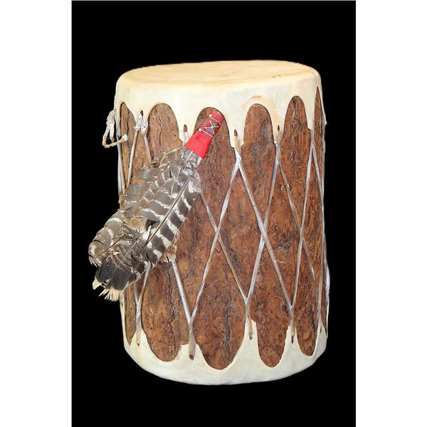 Contemporary Rawhide Drum With Bark On- Turkey Feather Drops- 16" X 11"