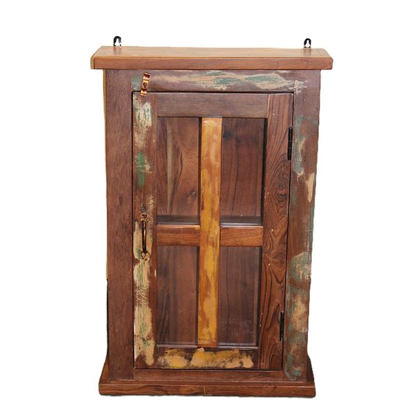 Early Rustic Hanging Cabinet With Lattice Front Door- 28" X 18" X 6"