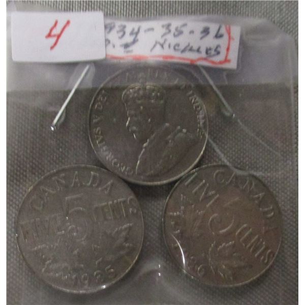 1934, 1935 & 1936 CANADA KING GEORGE V NICKELS