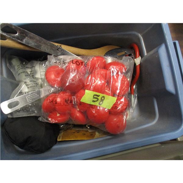TOTE C/W ASSORTED KITCHENWARE, CANDLES, ETC