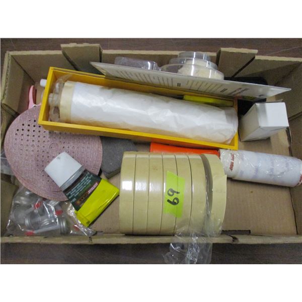 BOX C/W LINT ROLLER, MASKING TAPE, SANDING PAPER, ETC