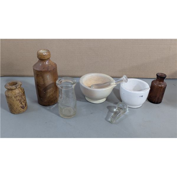 VTG Glass Bottles, Stoneware, 2 Mortars, & Pestle