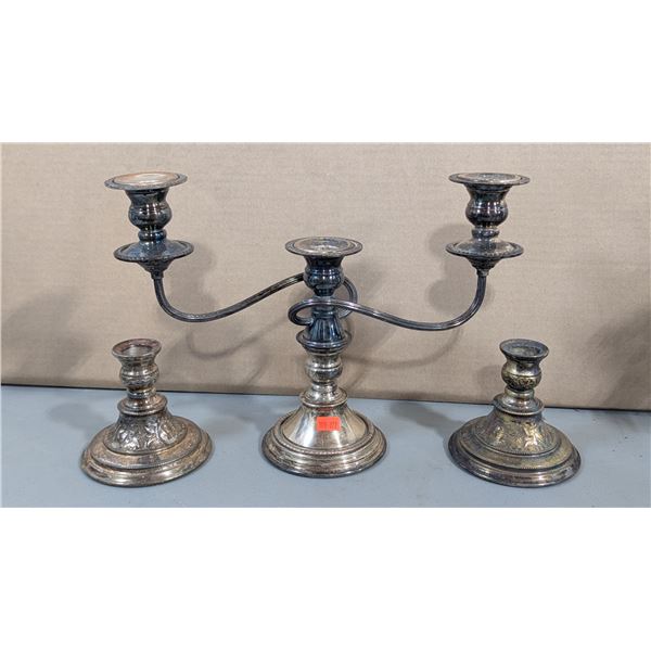 Silver-Plated Candelabra & Pair of Candleholders