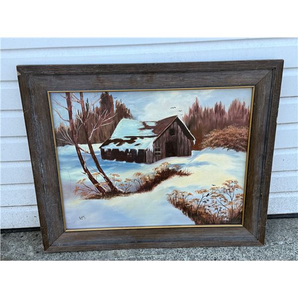 Kay Signed Original Oil On Canvas Painting - Winter Cabin Scene