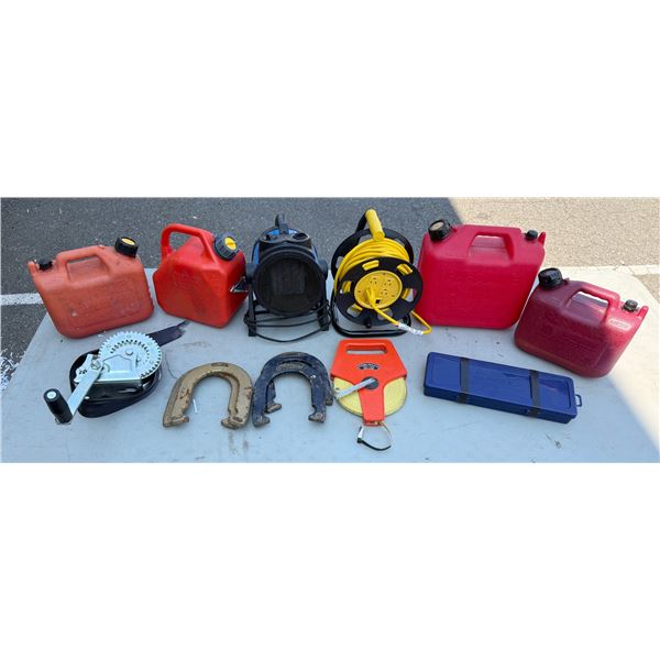 Variety Lot: Jerry Cans, Extension Cord, Heater, Tape, & More