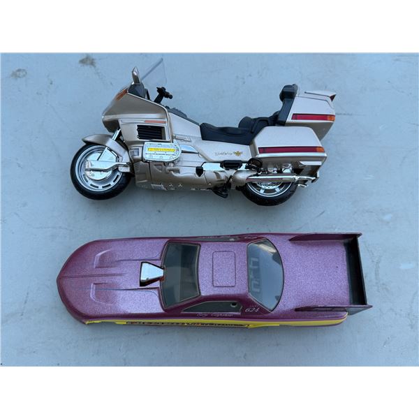 2 Collectible Toys: Honda Motorcycle & Drag Racing Style Car