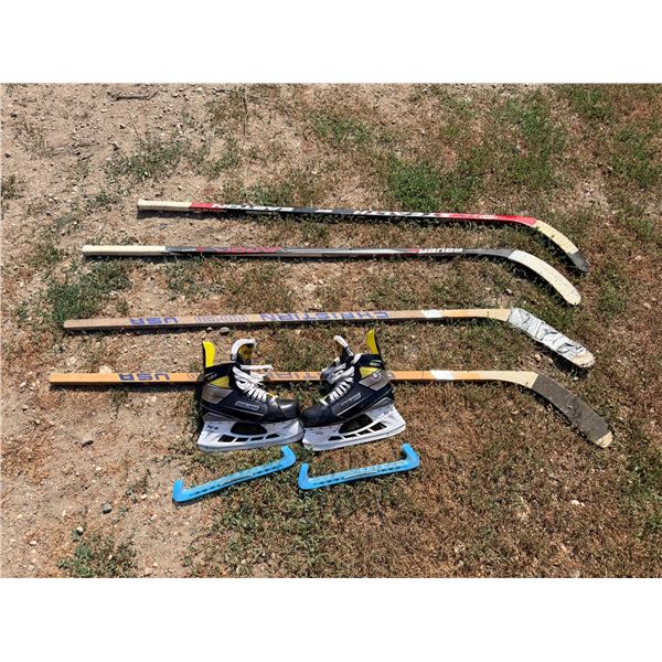 BAUER TUUK HOCKEY SKATES - SIZE BOYS 7D; AND HOCKEY STICKS
