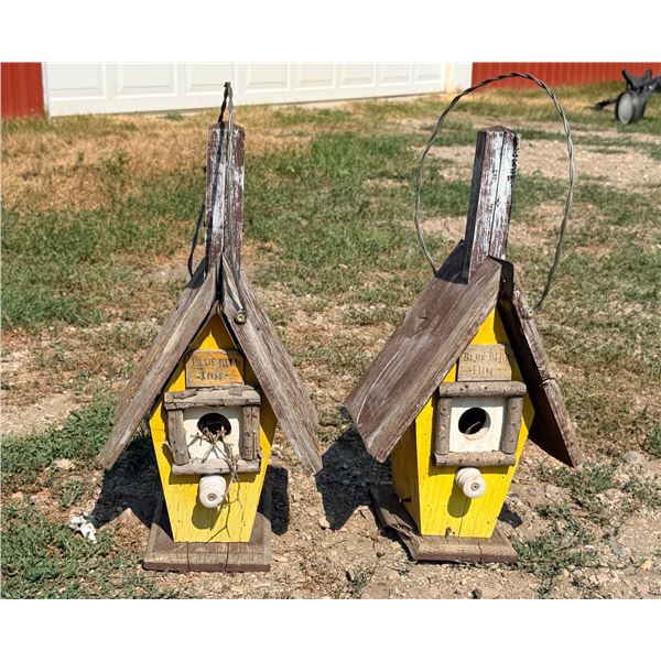 HANDCRAFTED RUSTIC YELLOW WOODEN BIRDHOUSES, PAIR