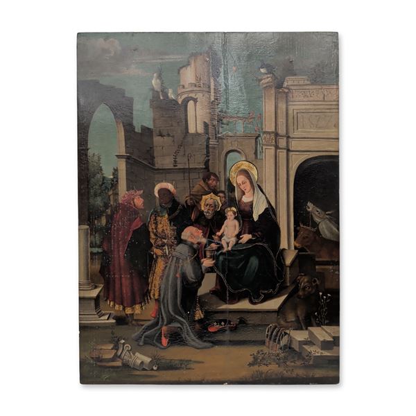 Catalan School 16th Century Oil Old Master Painting on Wood Board The Adoration of the Magi