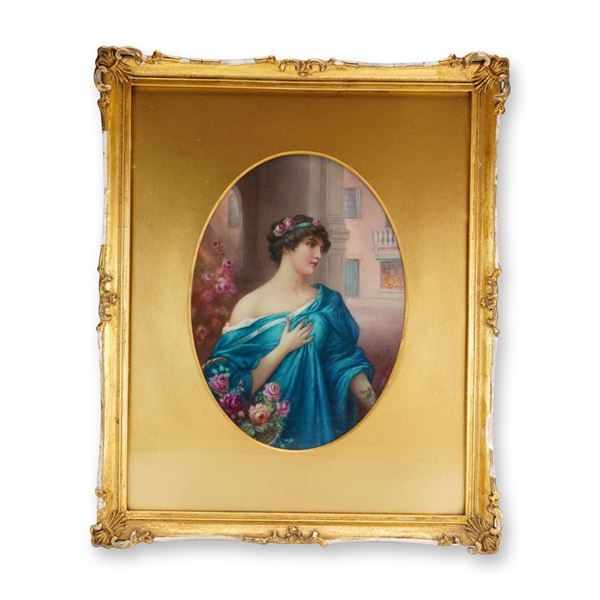 Framed Leslie Johnson Hand-Painted Plaque, Portrait of a Young Lady in Blue
