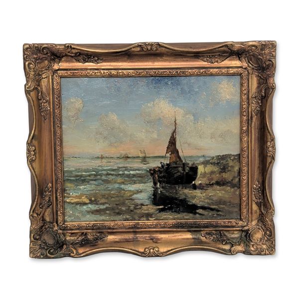 T. McLeod Coastal Scene with Sailing Vessel Oil on Board