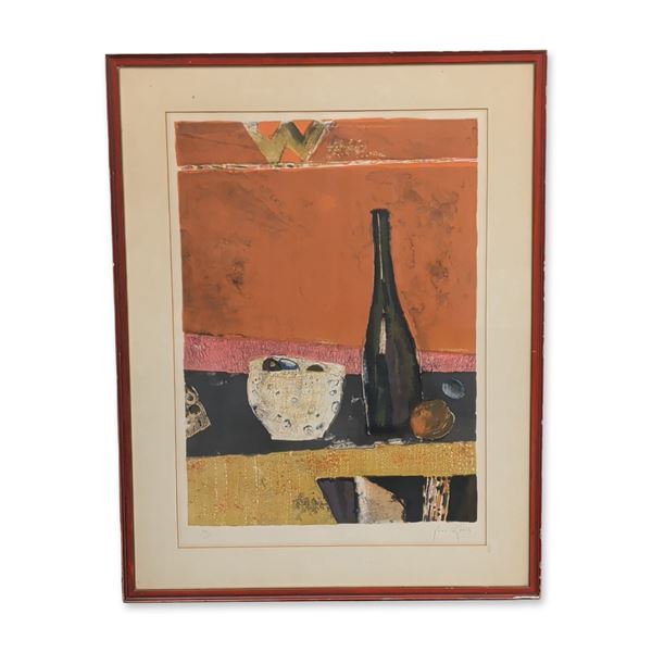 Rene Genis (French, 1922-2004), lithograph on Paper, Still Life with Bottle, Signed