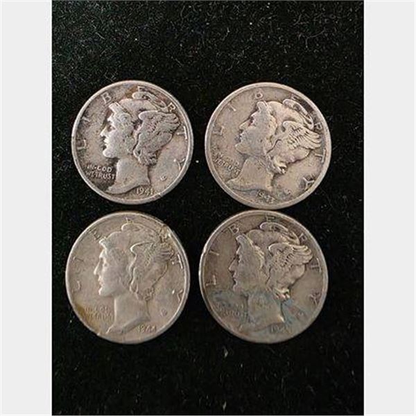 FOUR 1941-1945 SILVER MERCURY DIMES