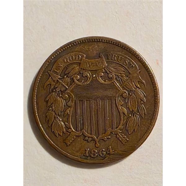 1864 US TWO CENT PIECE COPPER FINE-XF