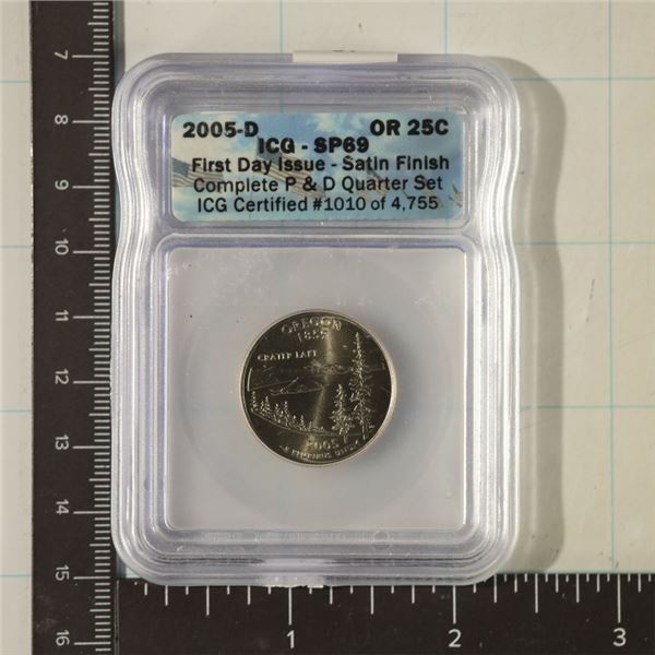 2005-D OREGON QUARTER ICG SP69 SATIN FINISH.