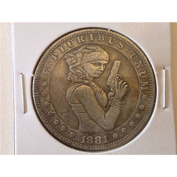 FANTASY CARVING ON REPLICA 1881-CC MORGAN DOLLAR