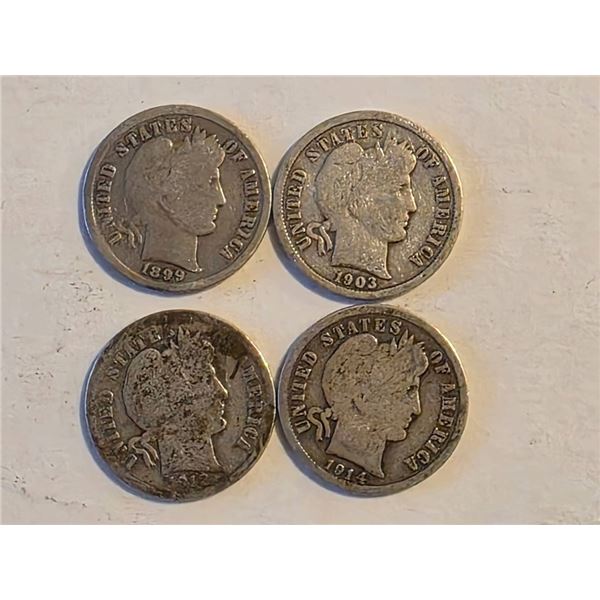 1899, 1903, 1912 & 1914 BARBER SILVER DIMES