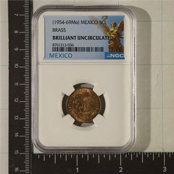 1965-M MEXICO 5 BRASS 5 CENTAVOS NGC BRILLIANT UNC