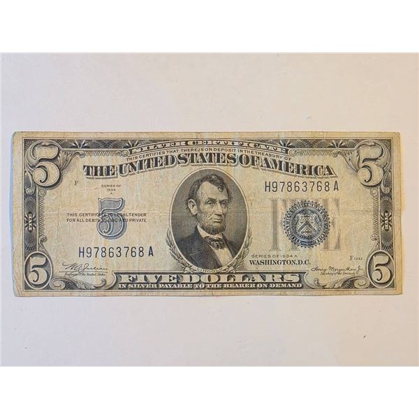 1934-A FIVE DOLLAR SILVER CERTIFICATE NOTE