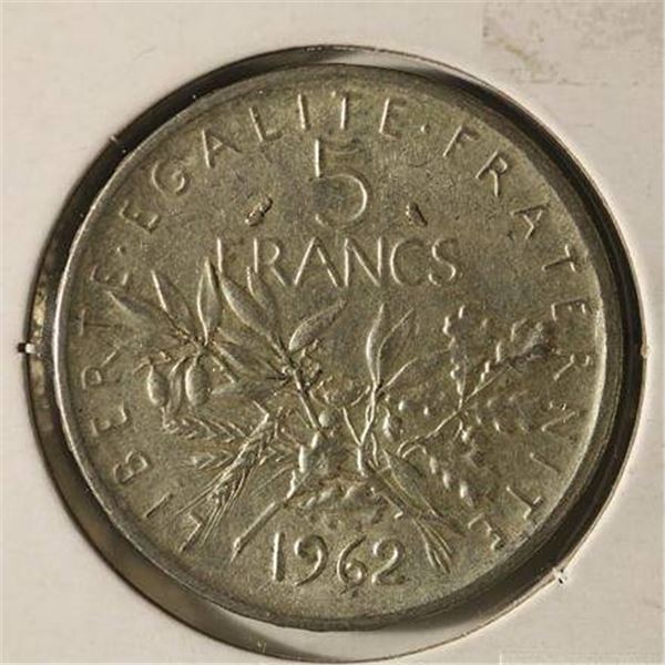1962 FRANCE SILVER 5 FRANCS COIN .835 ASW