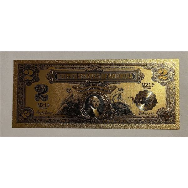 GOLD FOIL REPLICA US $2 BILL CRISP UNC