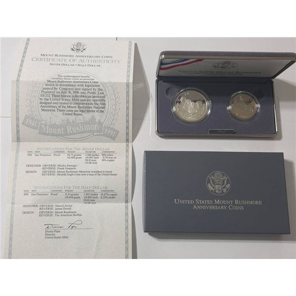 1991-S MOUNT RUSHMORE ANNIVERSARY 2 COIN SET