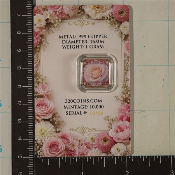 1 GRAM .999 FINE COPPER COLORIZED PINK ROSE