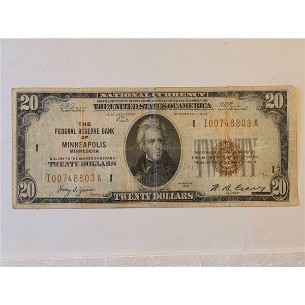 1929 NATIONAL CURRENCY BANK OF MINNEAPOLIS $20