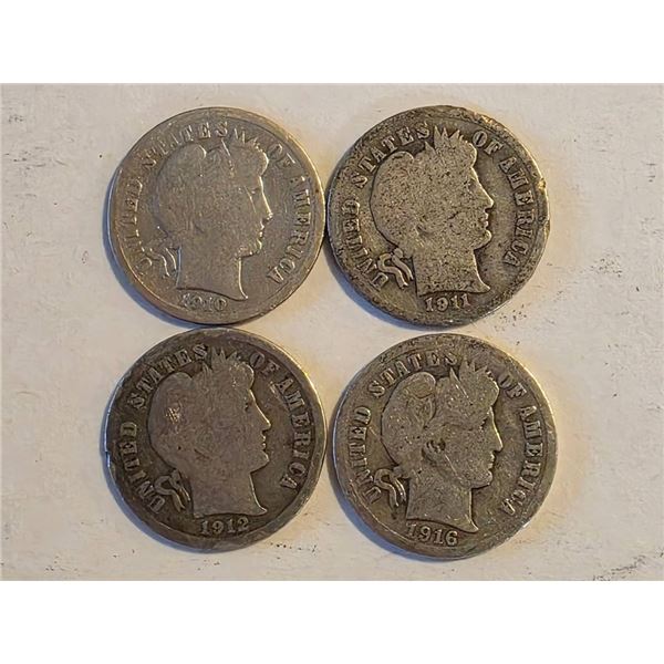 1910, 1911, 1912 & 1916 SILVER BARBER DIMES