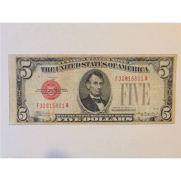 1928-C FIVE DOLLARS UNITED STATES RED SEAL NOTE
