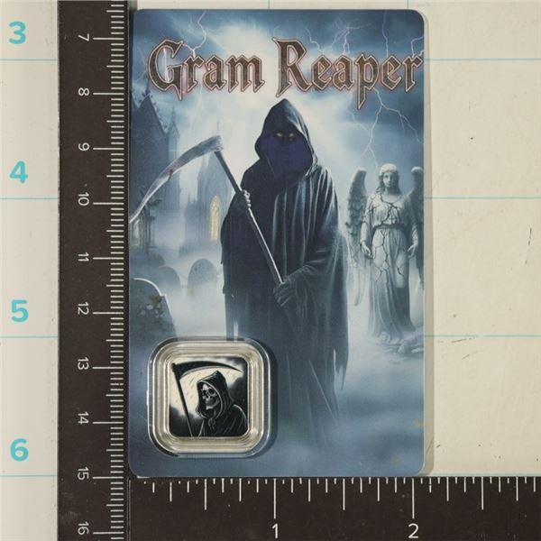 1 GRAM .999 FINE SILVER "GRAM REAPER", 16MM FROM