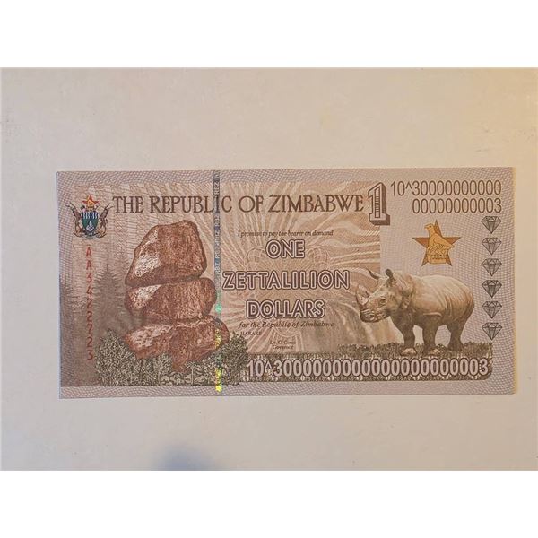 ZIMBABWE ONE ZETTALLION DOLLARS CRISP UNC
