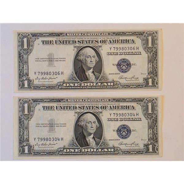 PAIR 1935-E $1 SILVER CERTIFICATES UNC