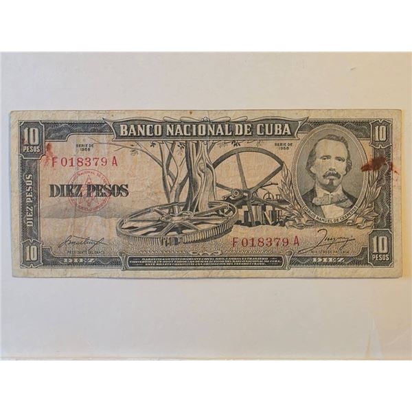 1958 BANCO NACIONAL DE CUBA 10 PESOS NOTE