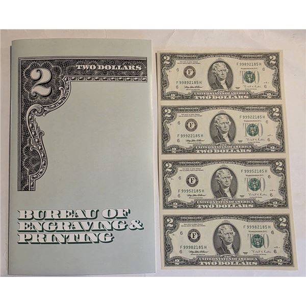 1995 CRISP UNC UNCUT SHEET OF 4 US $2 FRN'S