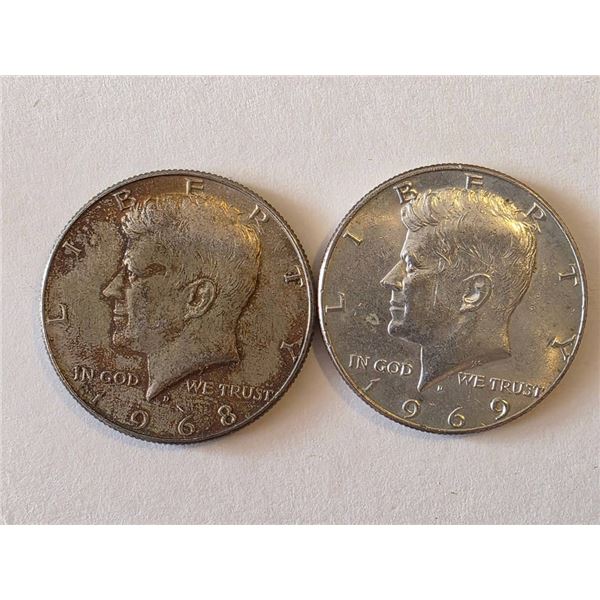 KENNEDY HALF DOLLARS 1968-D & 1969-D 40% SILVER