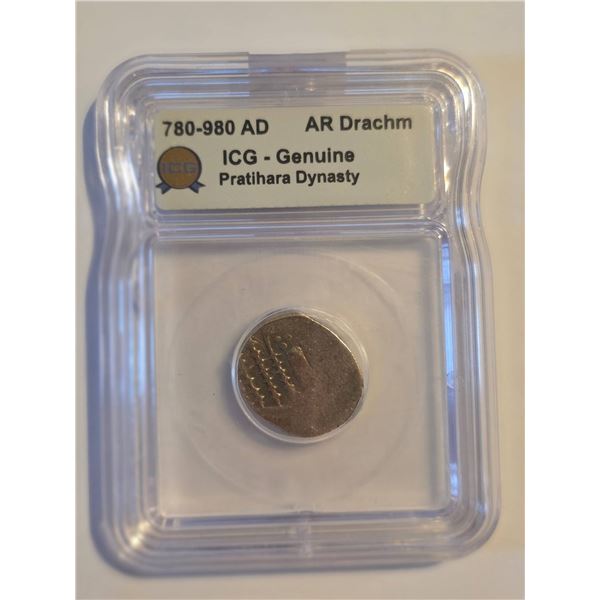 PRATIHARA DYNASTY AR DRACHM 780-980 AD ICG GENUINE