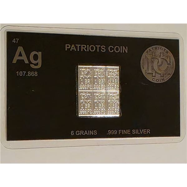 PATRIOTS COIN 6-1 GRAIN .999 FINE SILVER INGOTS
