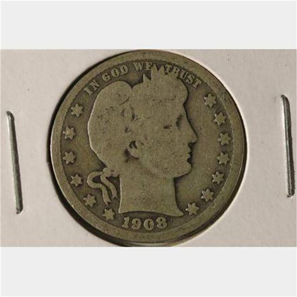 1908 SILVER BARBER QUARTER DOLLAR