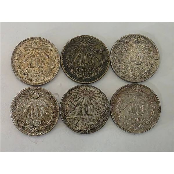 6-MEXICO SILVER 10 CENTAVOS COINS 1928, 2-1933 AND