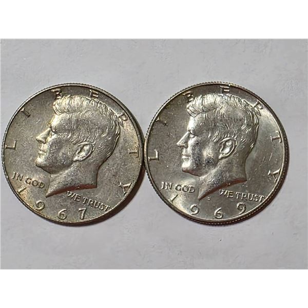 2-40% SILVER KENNEDY HALF DOLLARS 1967 & 1969-D