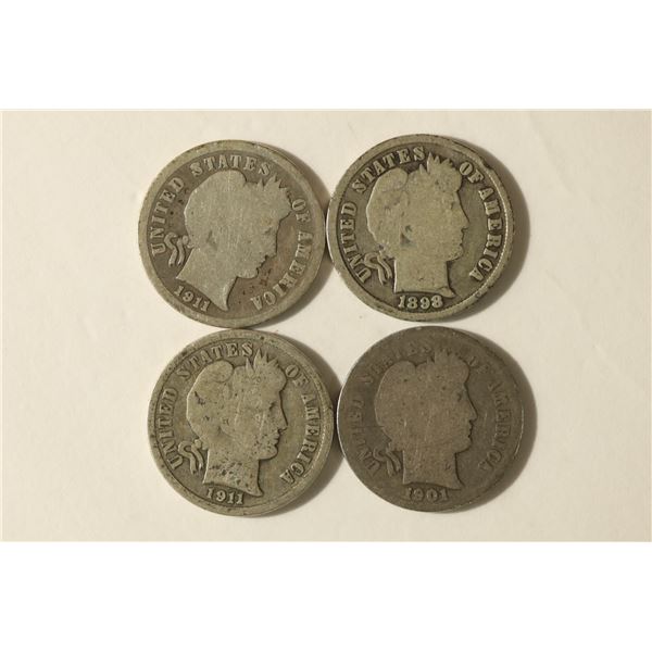 FOUR SILVER BARBER DIMES 1898, 1901, 1911 & 1911-D