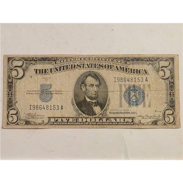 1934-A UNITED STATES $5 SILVER CERTIFICATE