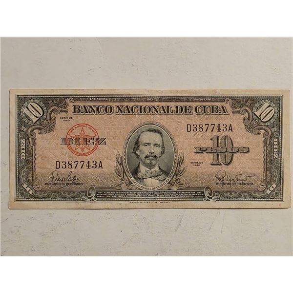 1960 CUBA 10 PESOS BANKNOTE CRISP AU+