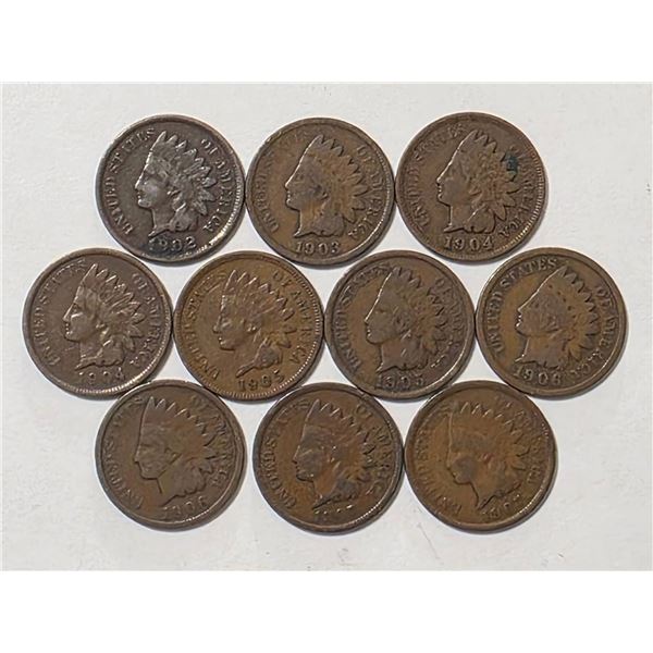 10 INDIAN HEAD CENTS 1902-1907