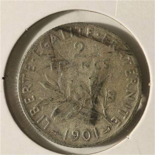 1901 FRANCE SILVER 2 FRANCS COIN .2685 OZ ASW