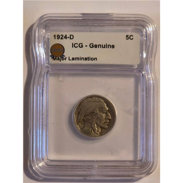 MAJOR LAMINATION 1924-D BUFFALO NICKEL ICG GENUINE